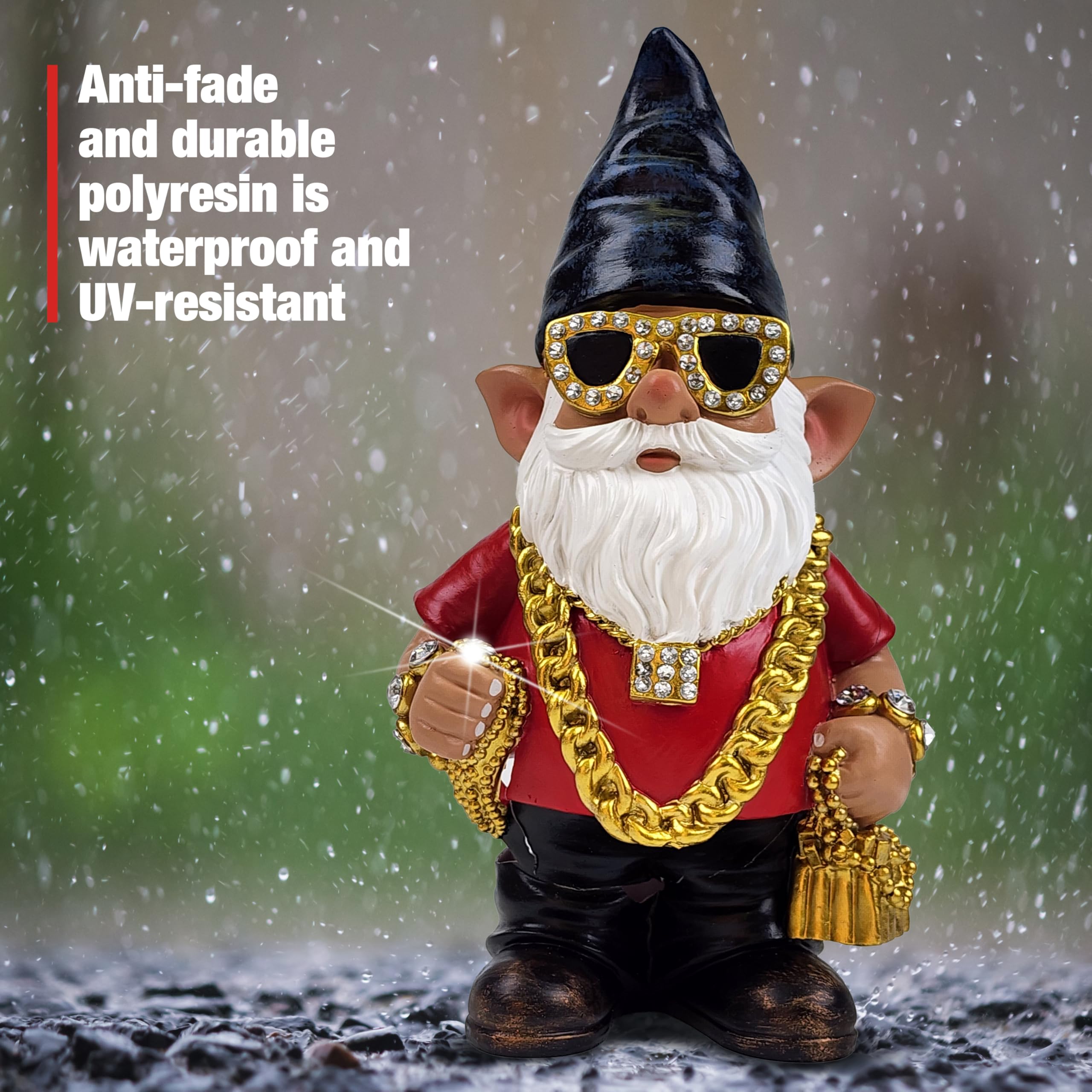 Better Office Products gnome placed among plants showing weatherproof outdoor styling benefit