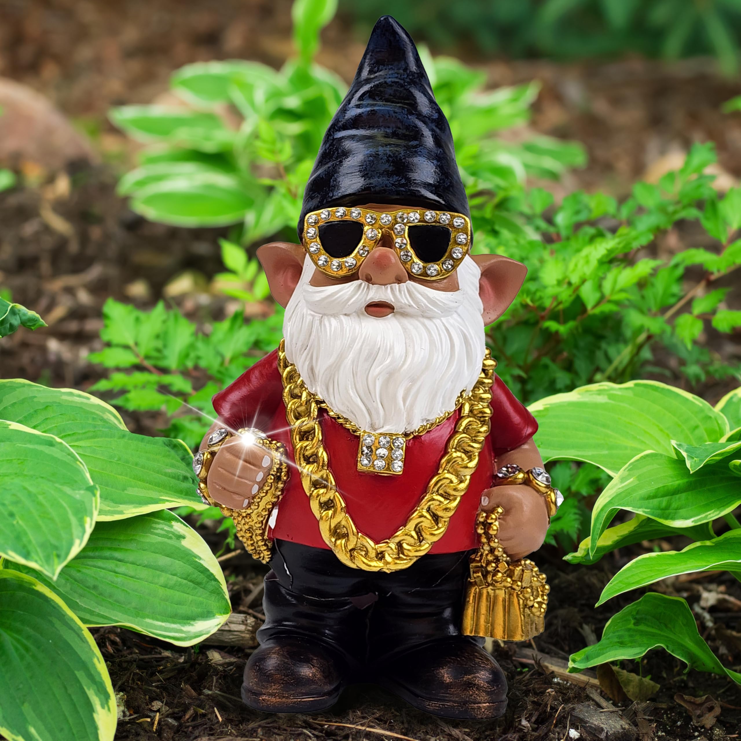 Better Office Products gnome illuminated at night showing solar light accent for ambiance