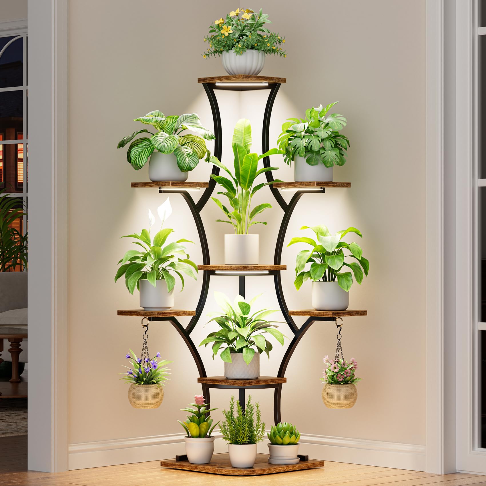 BEVAURORA front view of 8-tier corner plant stand showing space-saving design