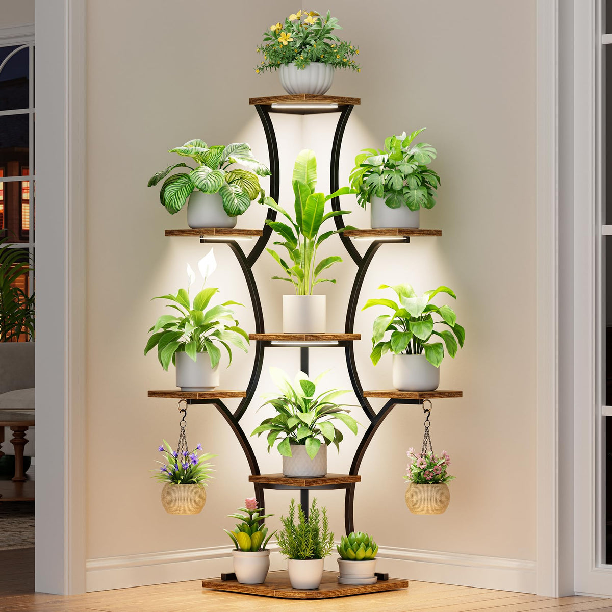 BEVAURORA front view of 8-tier corner plant stand showing space-saving design