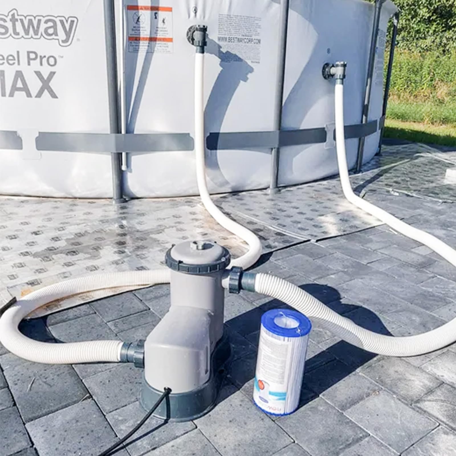 BEWAVE hose routed on above-ground pool setup showing real-world use benefit