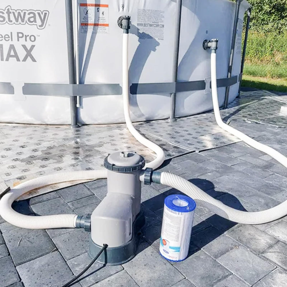 BEWAVE hose routed on above-ground pool setup showing real-world use benefit