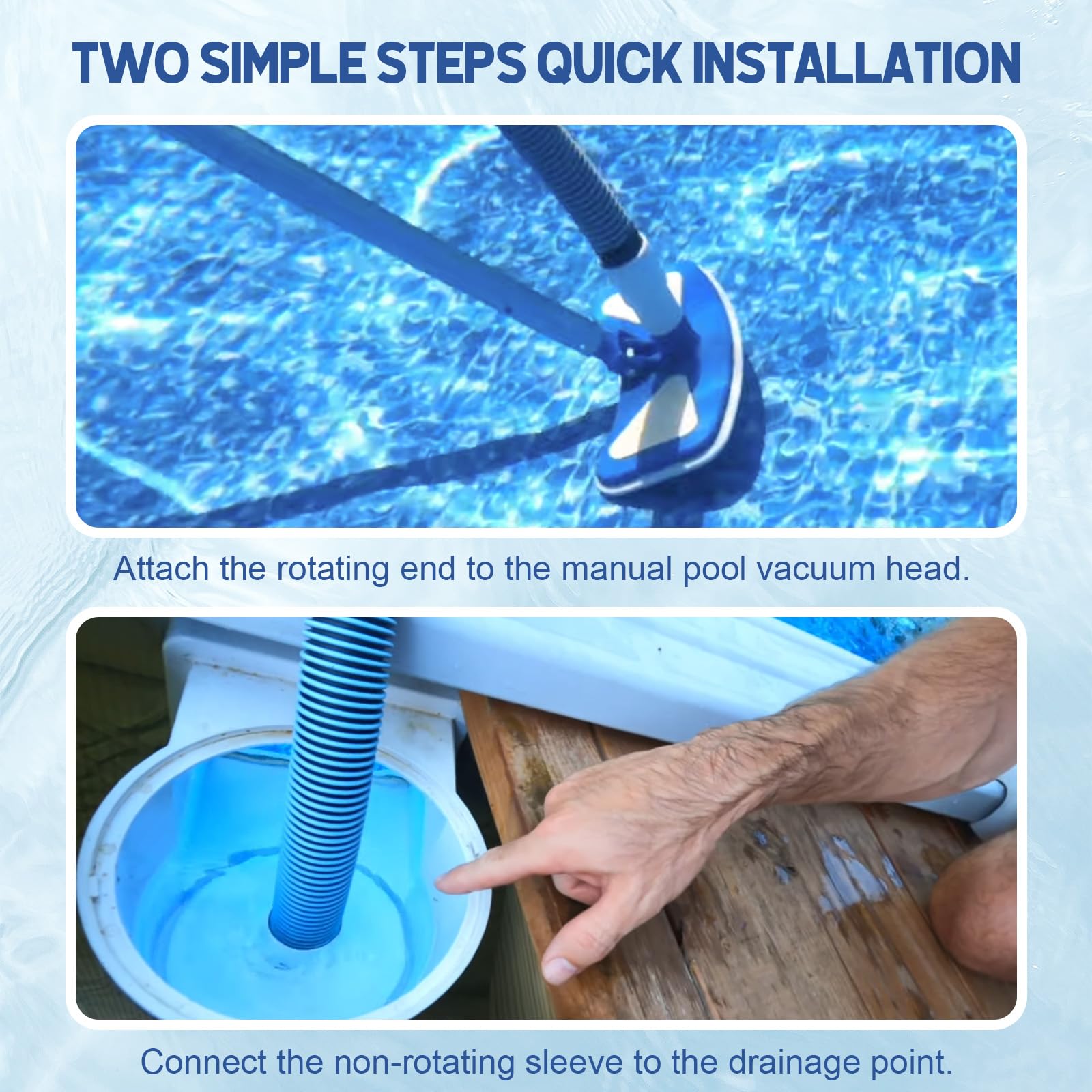 BEWAVE hose end connected to skimmer fitting illustrating quick installation