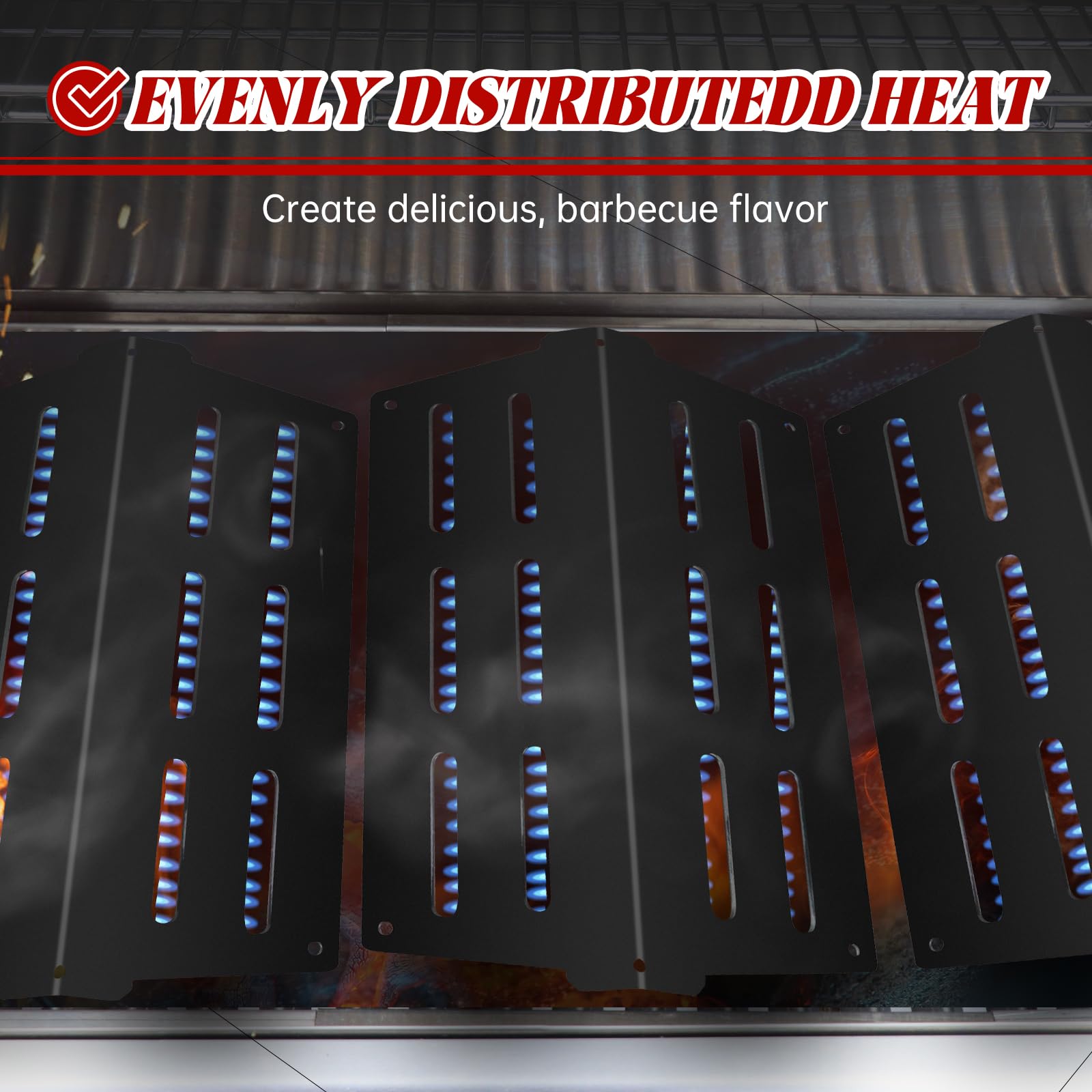 Bewesazy heat deflector detail illustrating anti-corrosion coating and vaporizing drips for smoky flavor