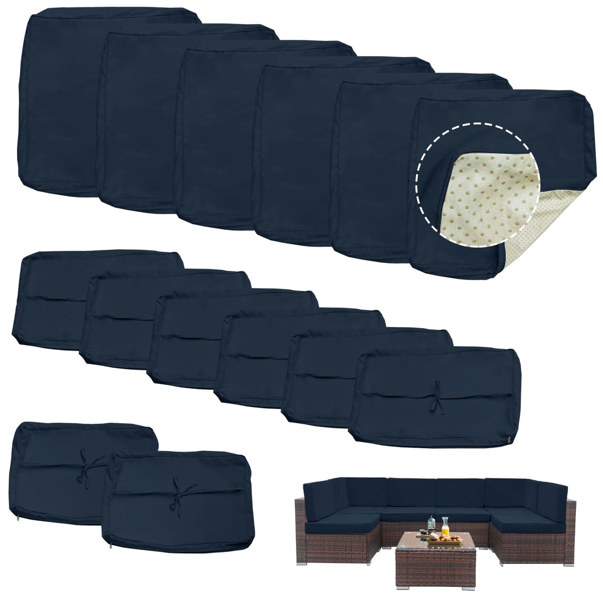 Bextile front view on patio sofa showing full set and deep blue color for a refreshed look