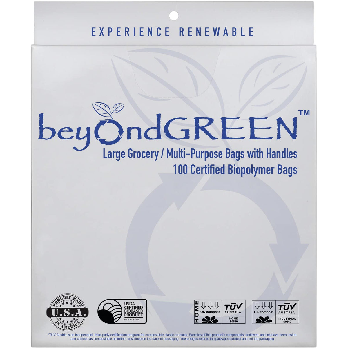 beyondGREEN front packaging box showing 100 bags and product benefits