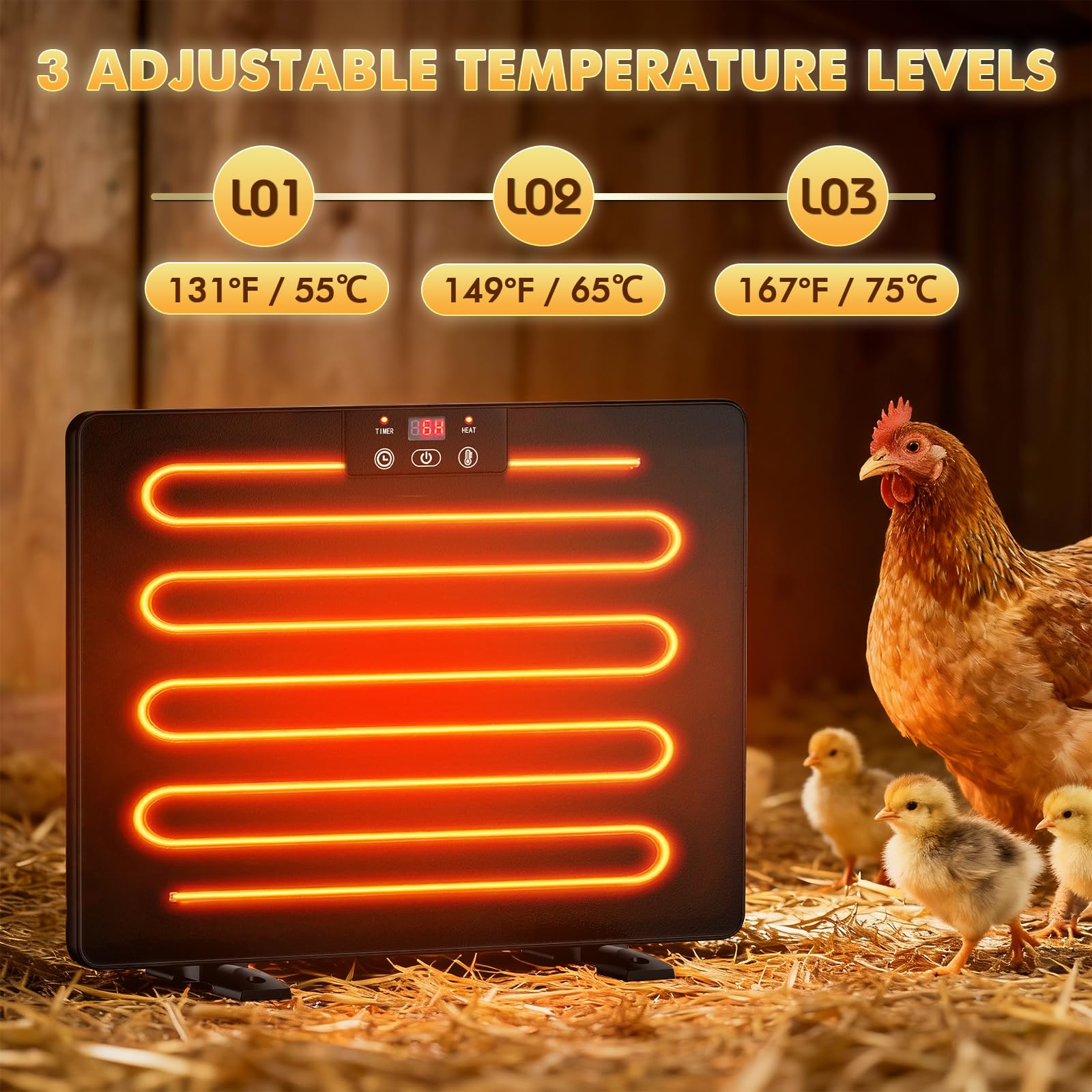 Beyoogeem hanging in a coop providing overhead radiant heat and even warmth