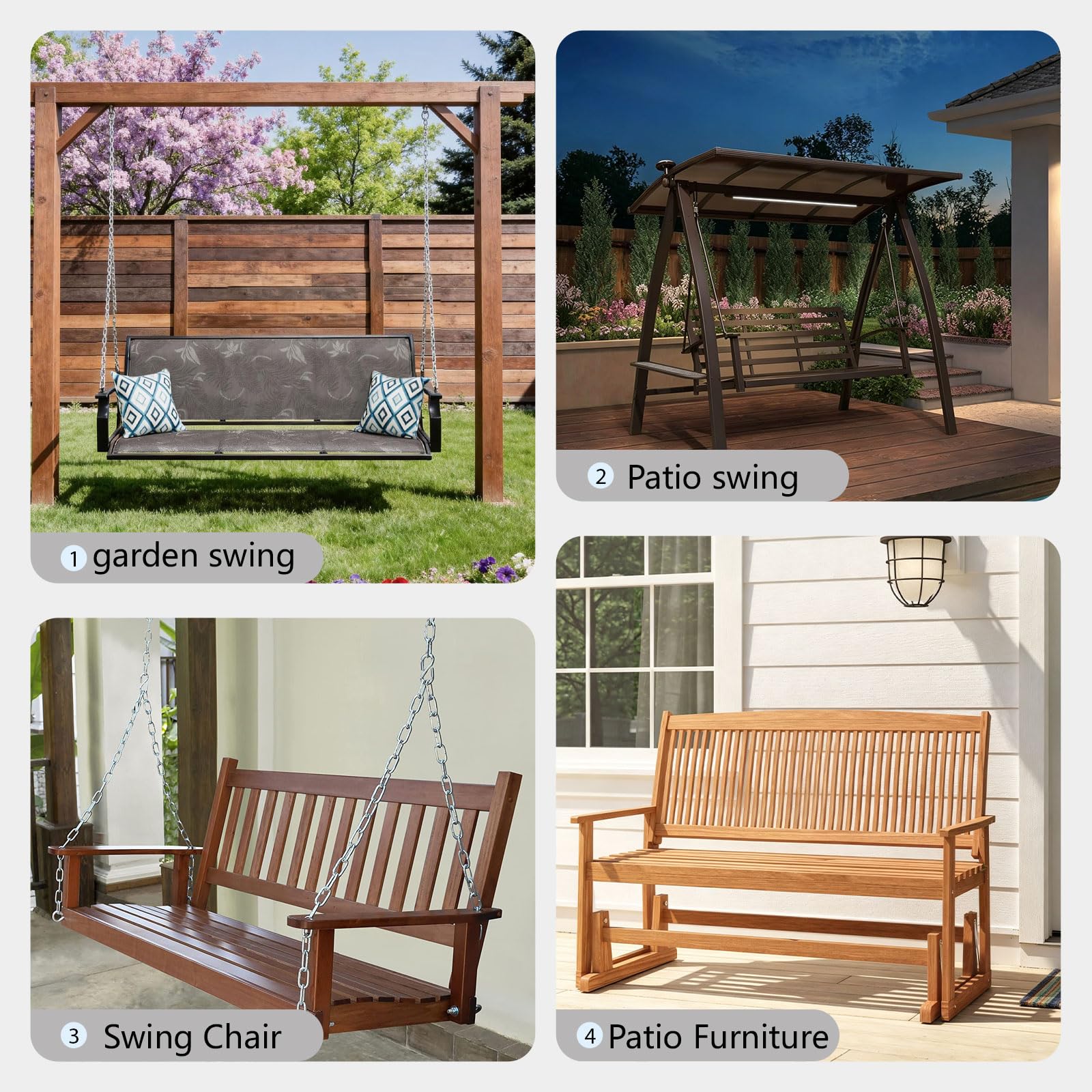 BFWHQ family lounging on patio swing with cushion providing cozy, fade-resistant seating