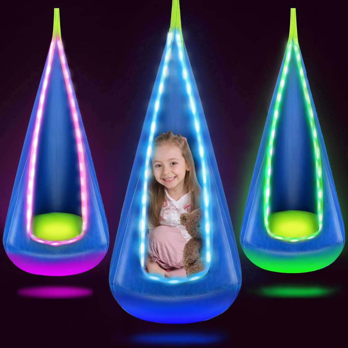 Bghdas front view of pod swing showing cozy shape and secure hanging for calming nook
