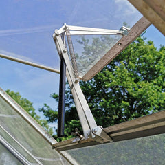 BIBISTORE front view of packaged automatic greenhouse vent opener showing components and benefits