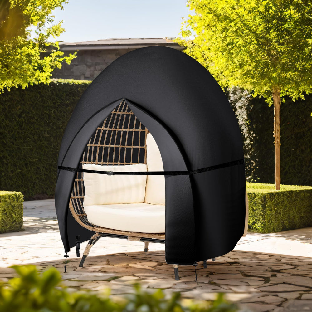 Bicherub patio scene with covered egg chair showing outdoor protection