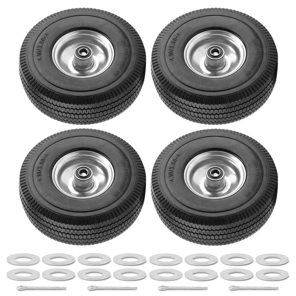 BIEAMA front view of four 10 inch solid PU wheels showing raised tread and rims, ready to install