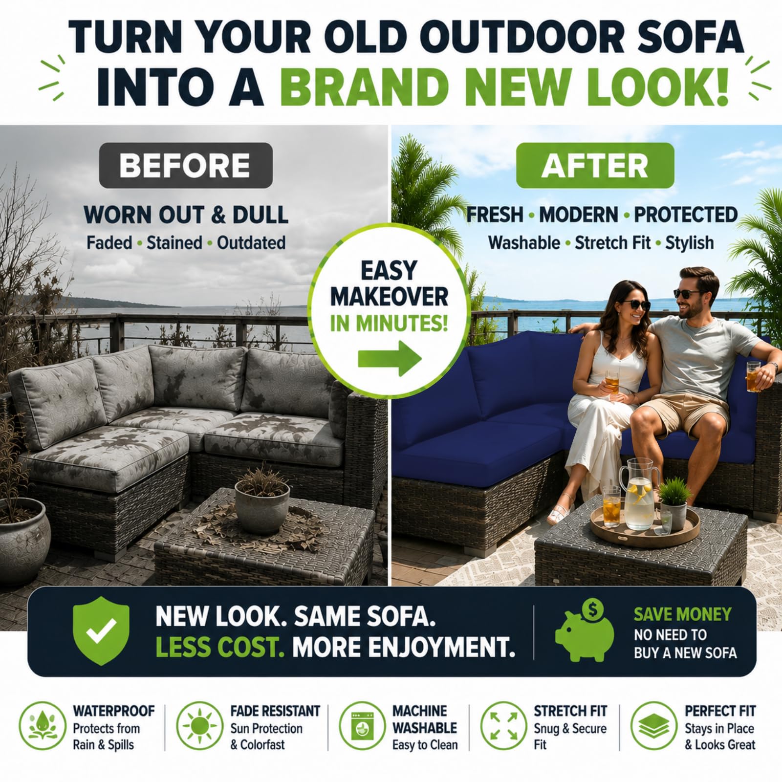 BIETYONE cover fitted on patio sofa cushion demonstrating neat, snug fit