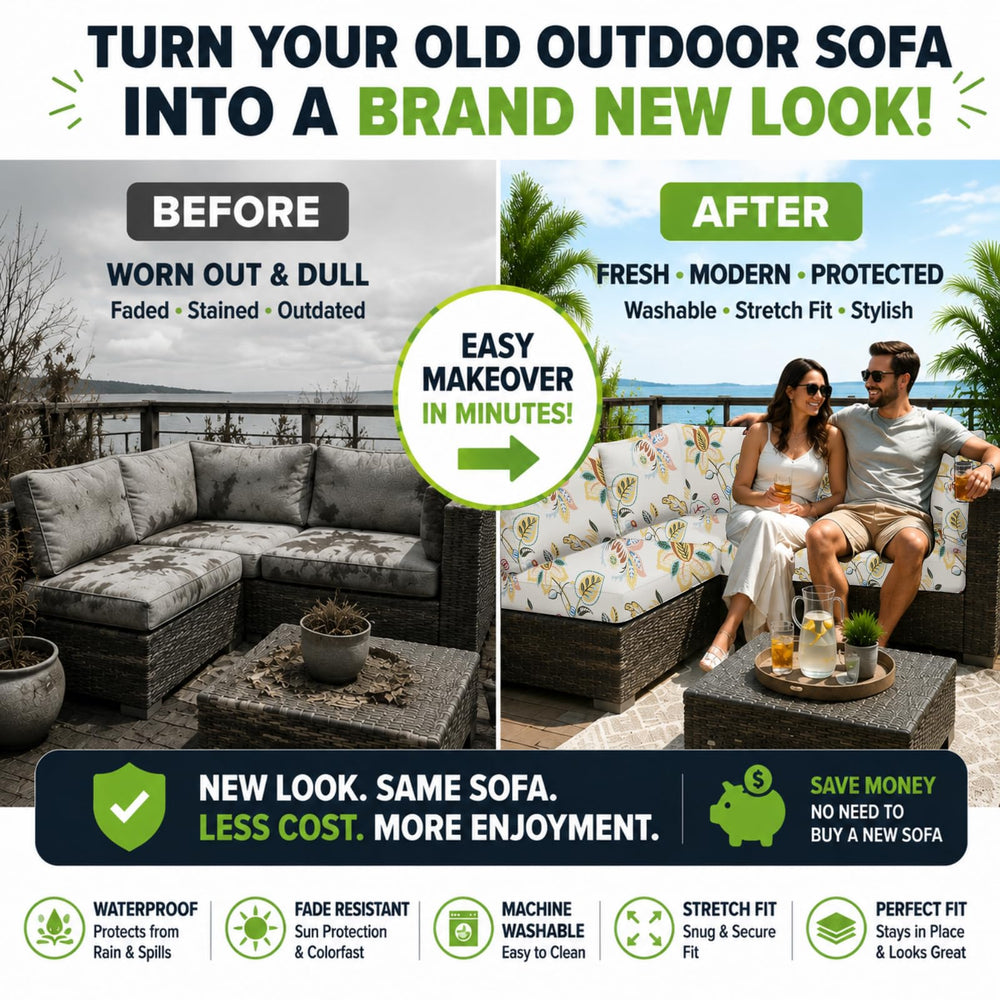 BIETYONE cushion cover fitted on patio sofa demonstrating refreshed appearance and protection