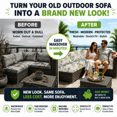 BIETYONE cushion cover fitted on patio sofa demonstrating refreshed appearance and protection