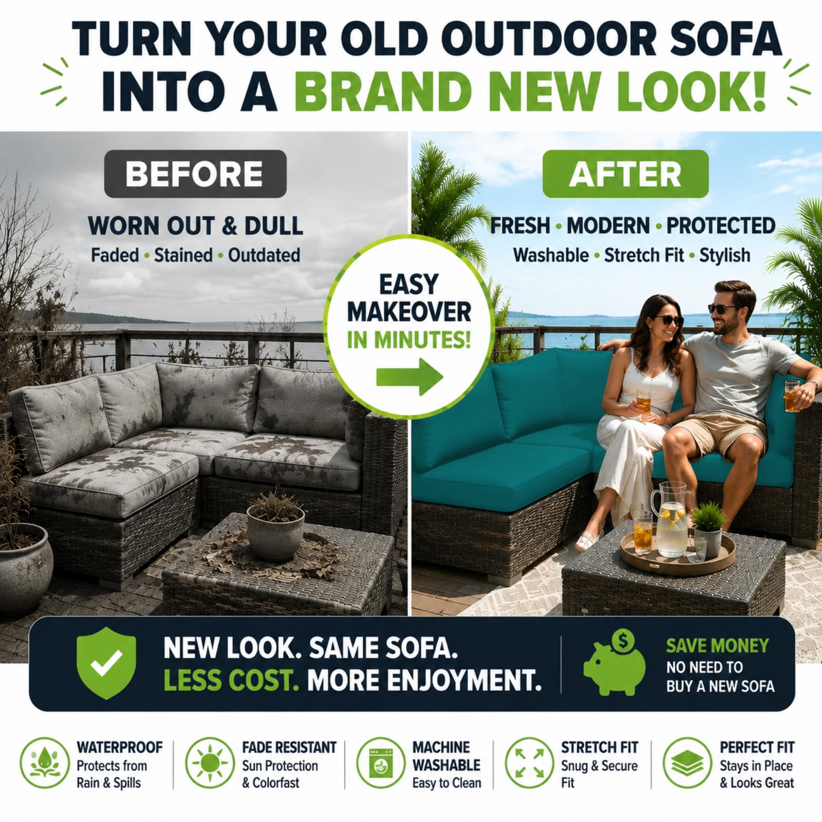 BIETYONE cover fitted on outdoor sofa demonstrating refreshed look