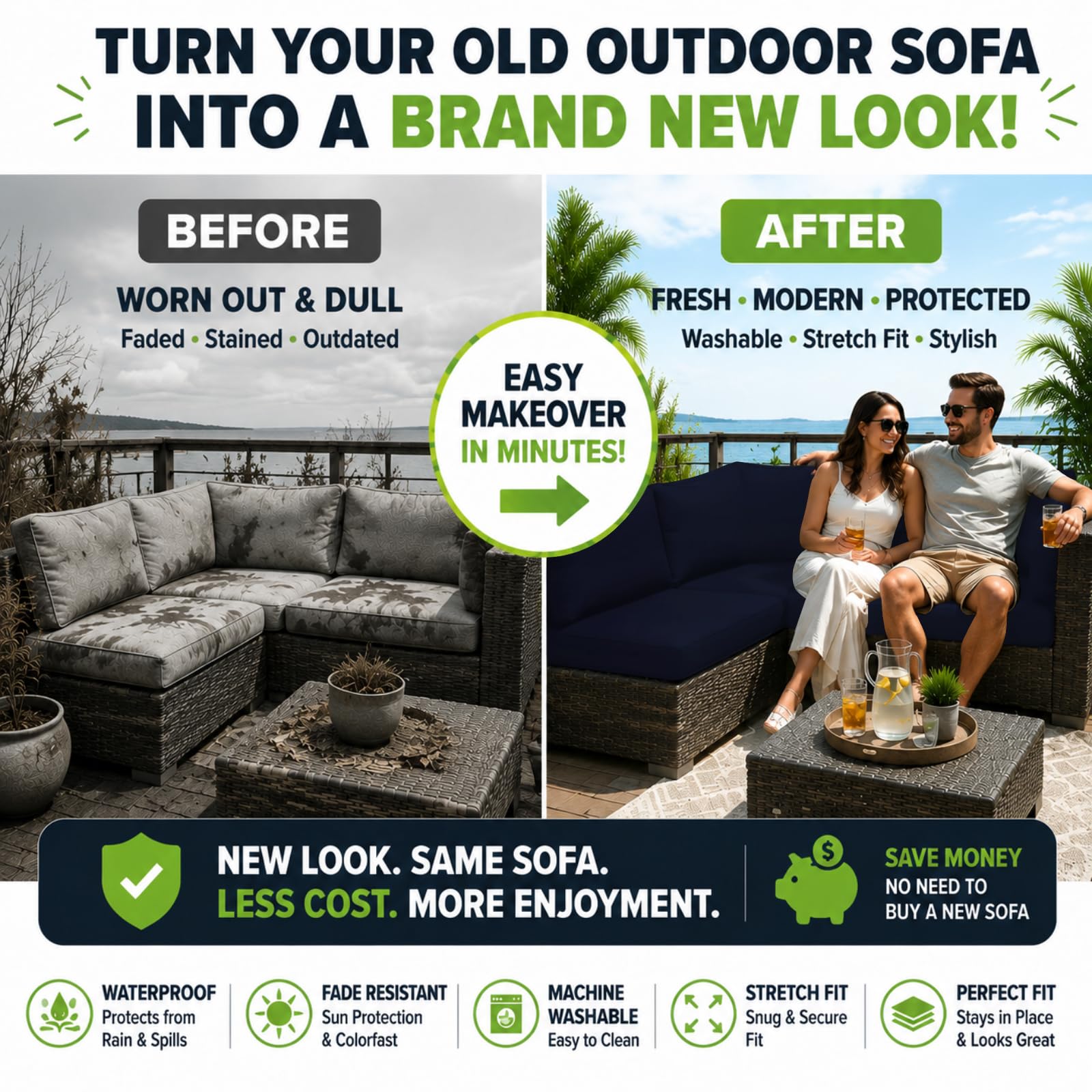 BIETYONE cover fitted on outdoor sofa showing clean, renewed look