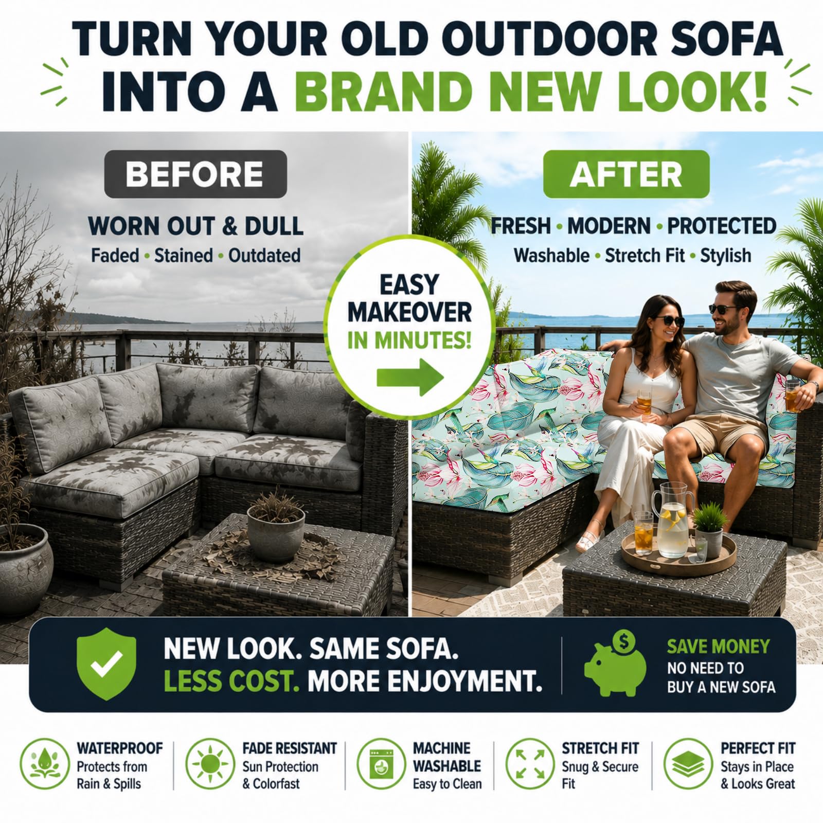 BIETYONE cover installed on outdoor sofa cushion, renews appearance instantly