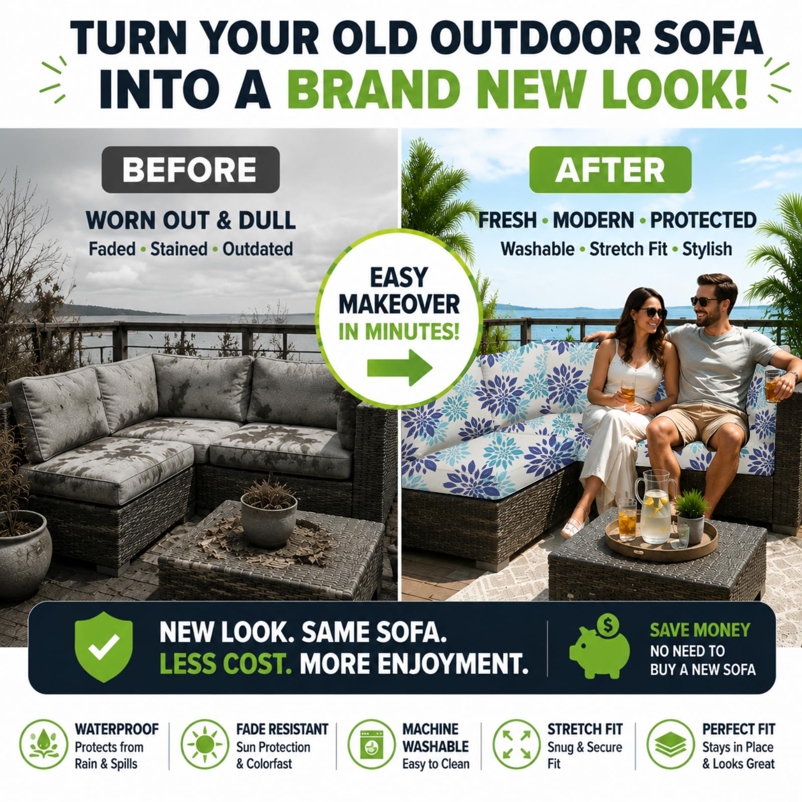BIETYONE patio sofa with fitted cushion cover demonstrating refreshed look and protection