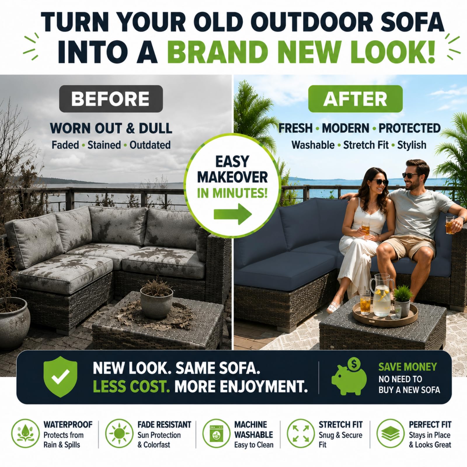 BIETYONE on a patio sofa demonstrating refreshed look and outdoor style benefit