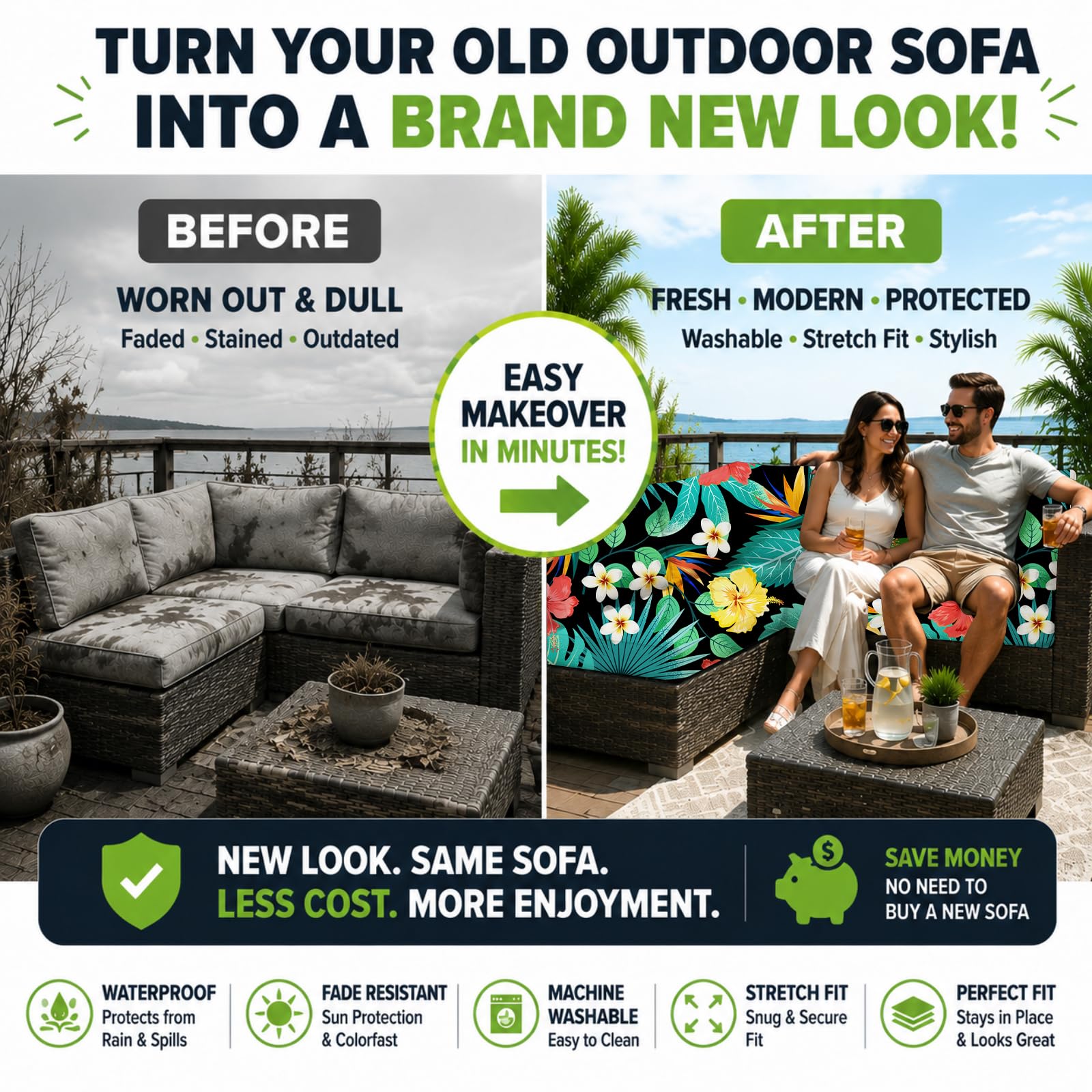 BIETYONE covers on patio sofa demonstrating protective, renewed look