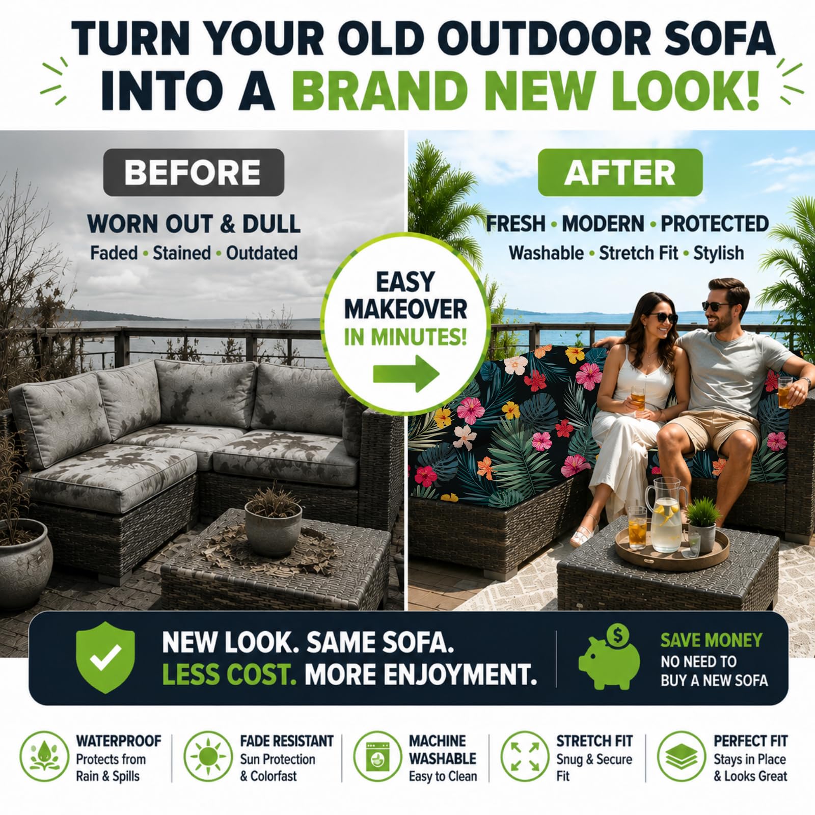 BIETYONE on patio sofa in use, protects cushions and refreshes seating