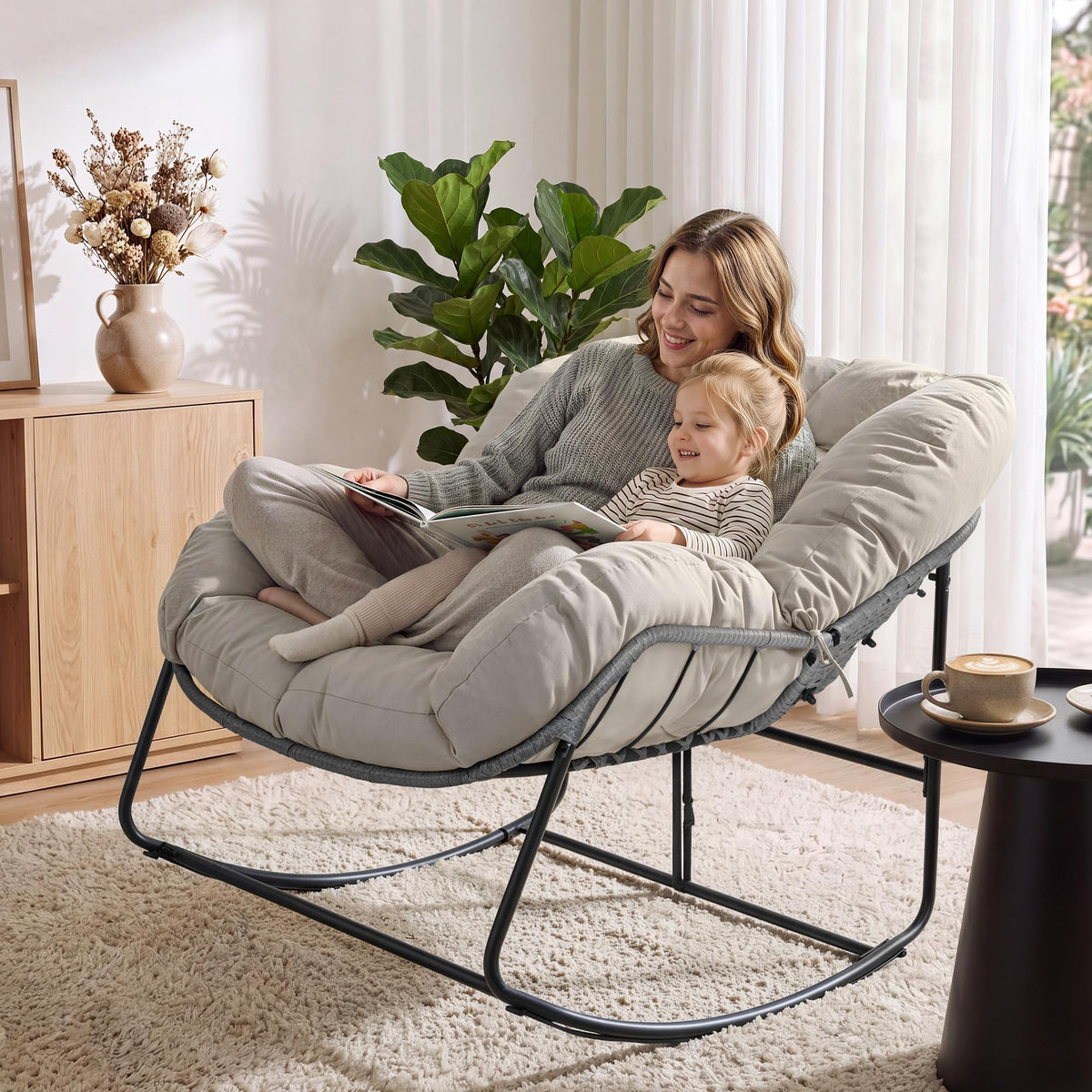 Bifanuo front view of egg rocker showing elegant silhouette and neutral color
