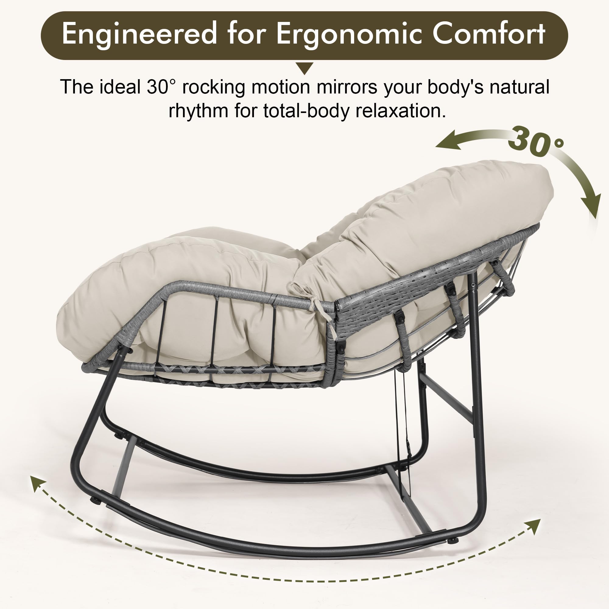 Bifanuo side profile demonstrating 30-degree rocking motion and sturdy frame