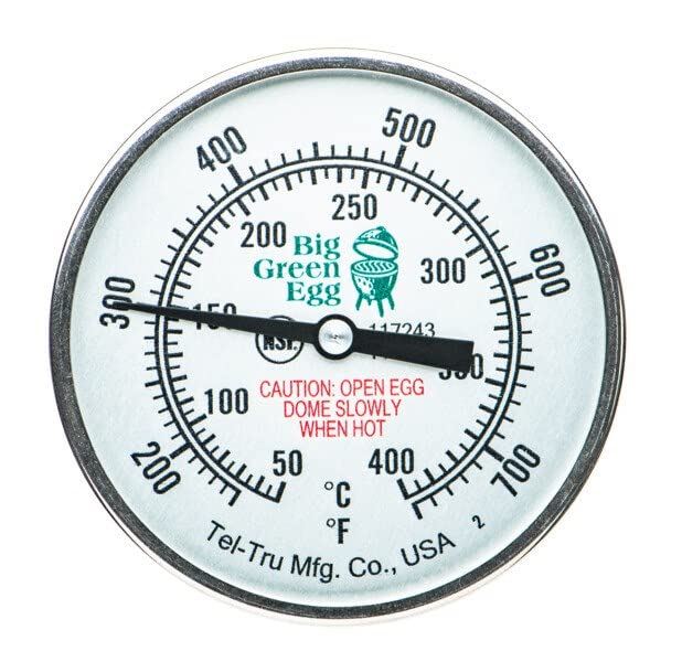 Big Green Egg close-up of dial and shatterproof glass displaying high-heat scale