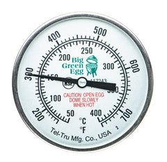 Big Green Egg close-up of dial and shatterproof glass displaying high-heat scale