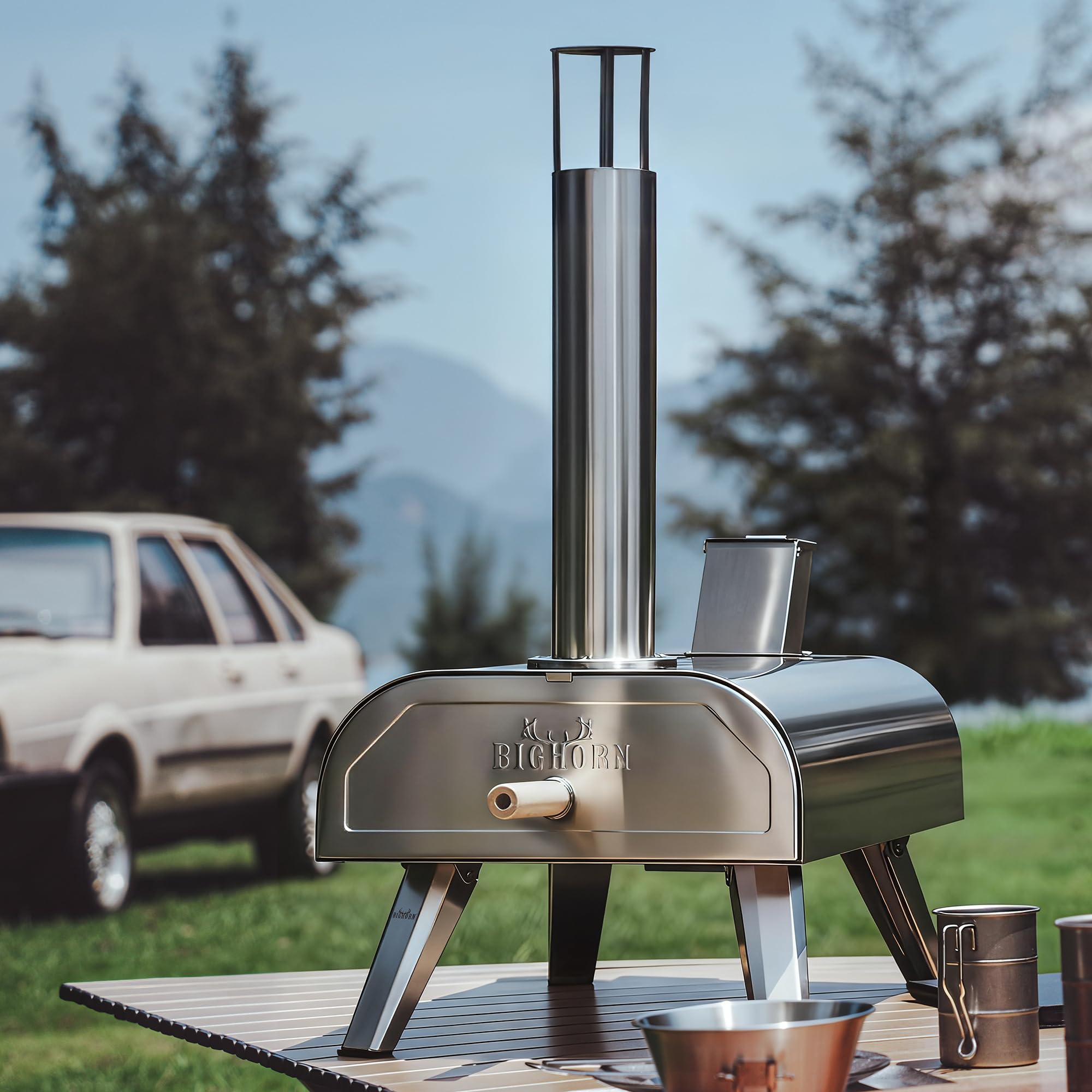 BIG HORN oven on backyard table demonstrating outdoor cooking versatility