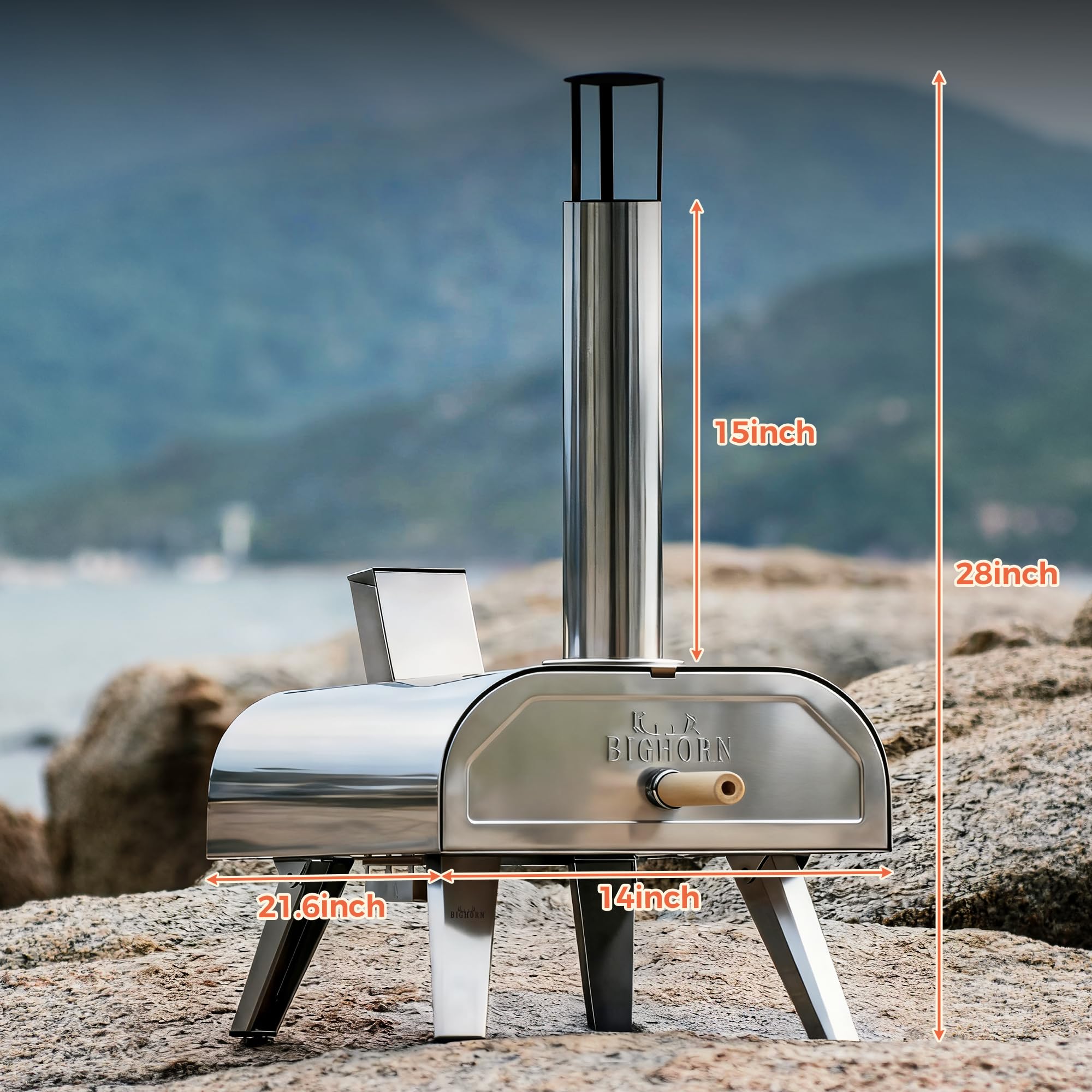 BIG HORN pellet hopper close-up showing tool-free attachment for easy refueling