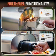 BIG HORN pellet hopper detail showing upgraded feed for easy refueling and smoky flavor