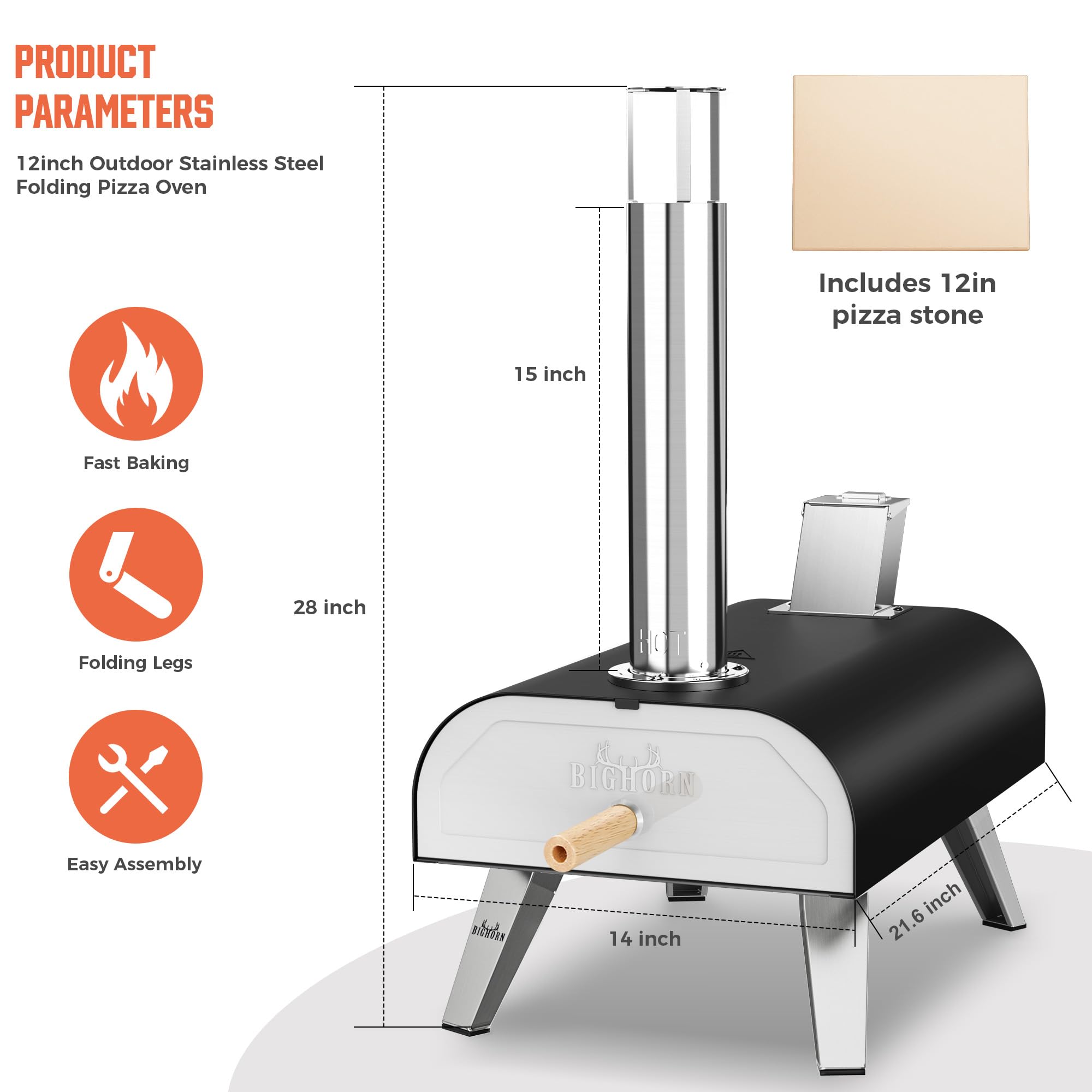 BIG HORN side view showing fuel port for pellet or burner attachment versatility