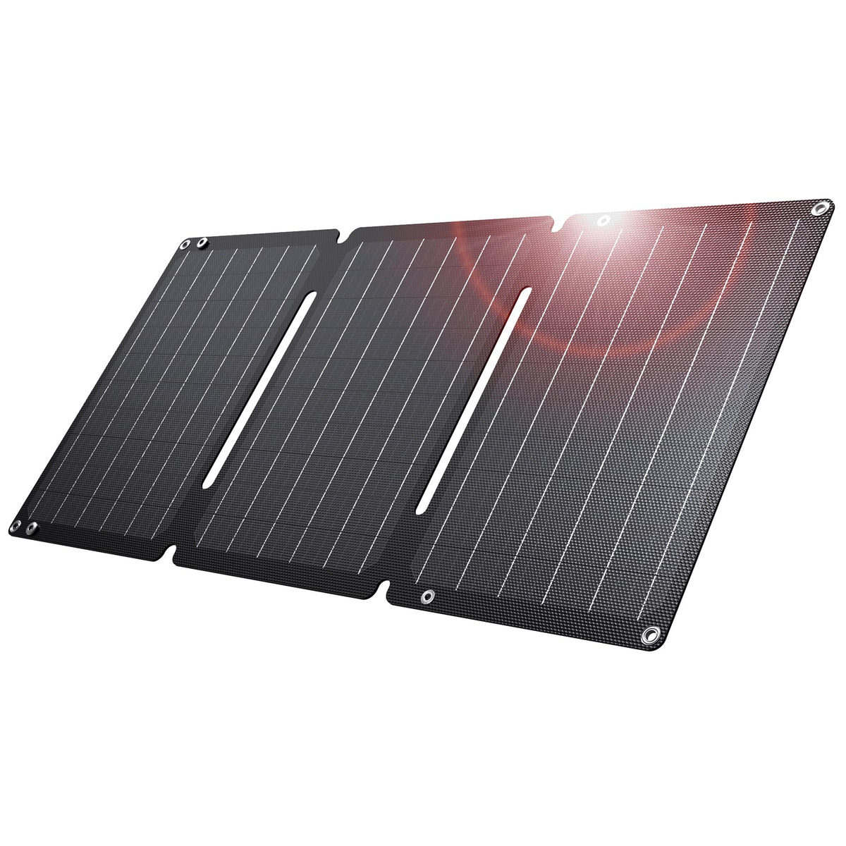 BigBlue folded 30W panel front view, compact for travel and quick setup