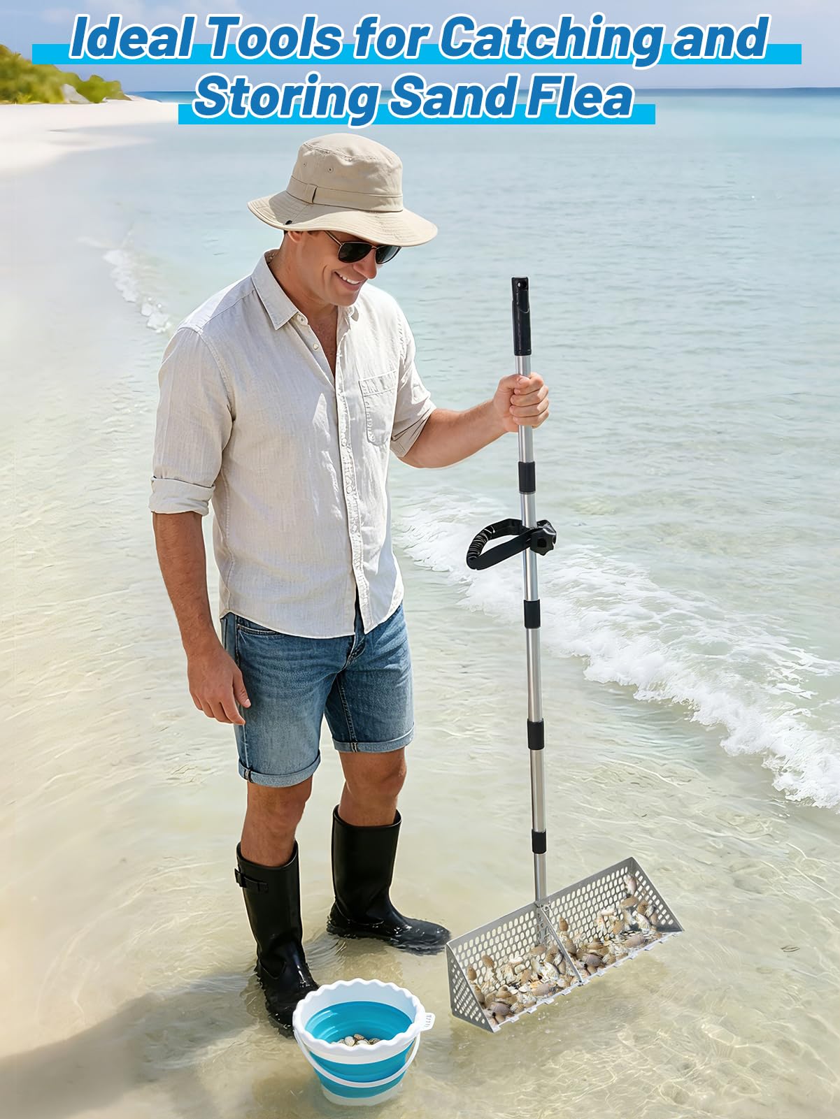 Biggun foldable bucket open holding shells and shark teeth