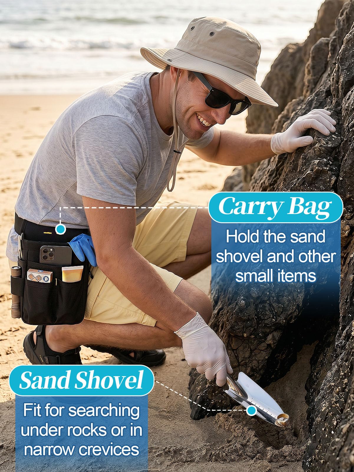 Biggun scoop in use on the beach recovering a small find from wet sand