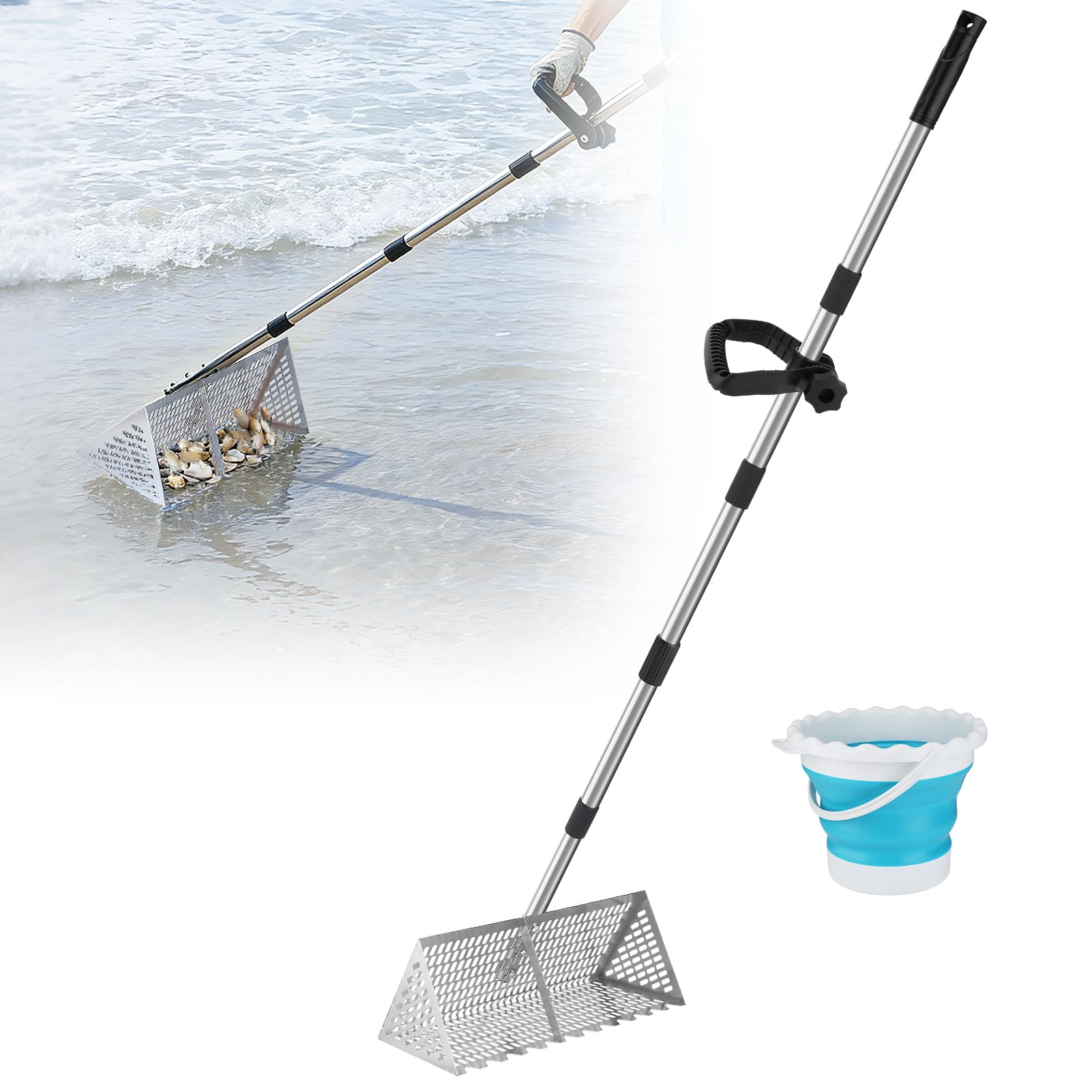 Biggun rake front view showing full-length reach and sturdy head for easier sifting