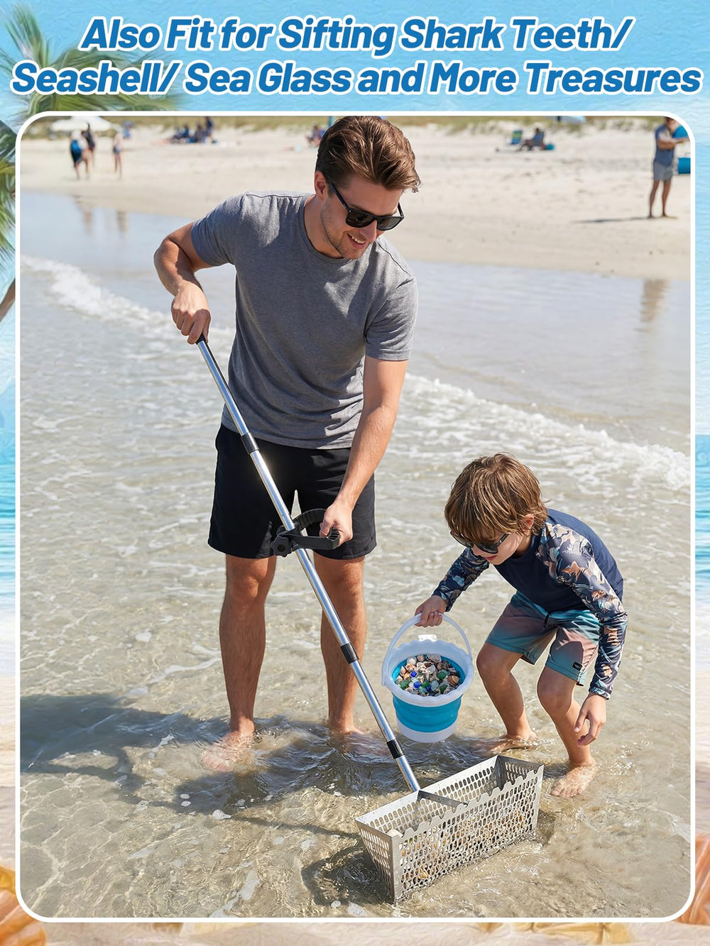 Biggun rake and bucket in use on sand demonstrating fast beachcombing efficiency