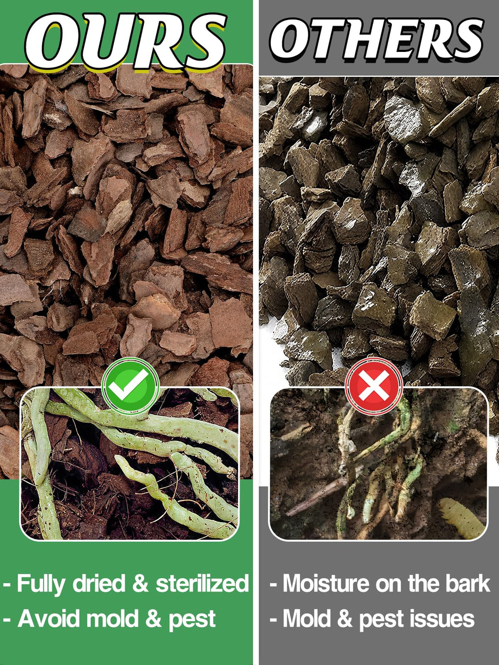 Close-up of Bigmeta pine bark texture showing chunky nuggets for improved root aeration