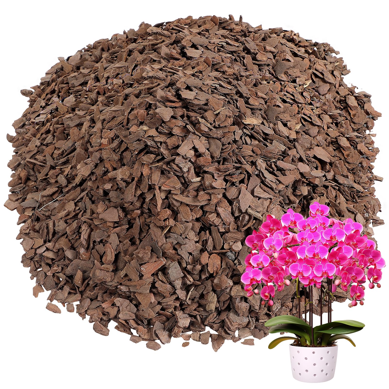 Bigmeta front packaging of 8qt orchid bark showing product volume and benefit of bulk supply