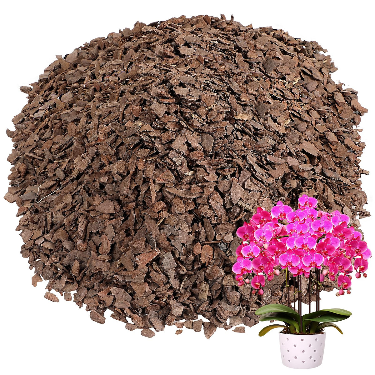 Bigmeta front packaging of 8qt orchid bark showing product volume and benefit of bulk supply