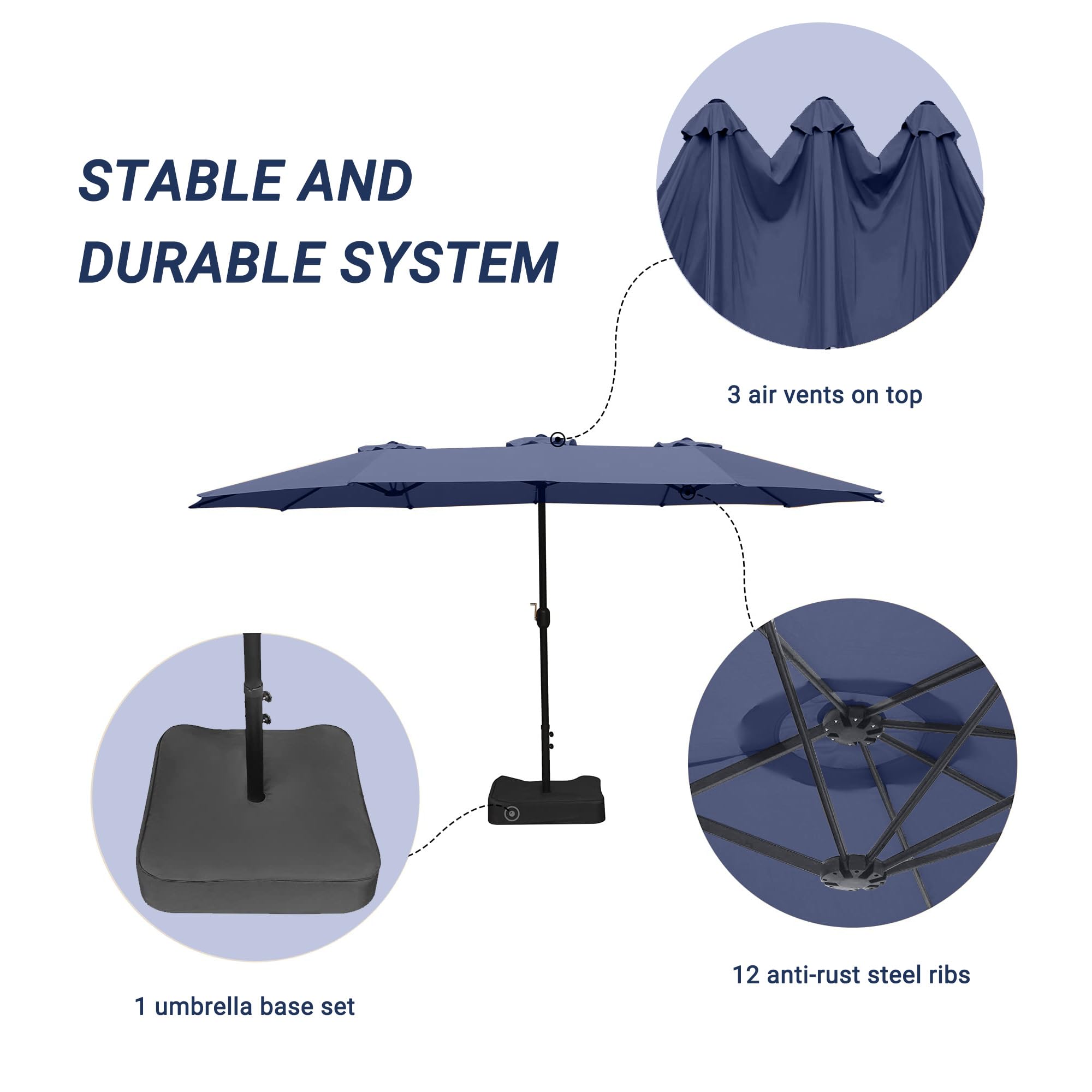 Bigroof umbrella next to dining table showing real-world size benefit