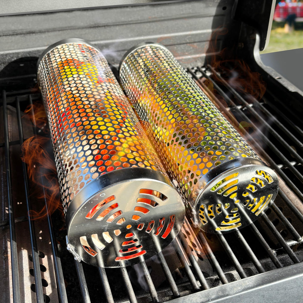 BigStep front view of two rolling grill baskets showing durable construction and size