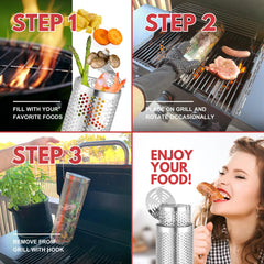 BigStep basket rolling over charcoal grill showing even sear and smoke infusion