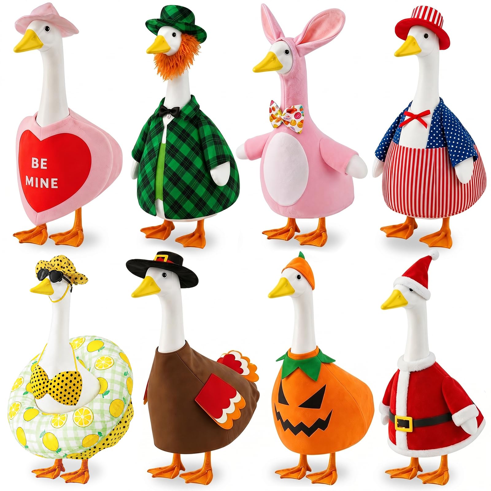 BIHDXL front view of all eight holiday goose outfits showing variety and bold colors