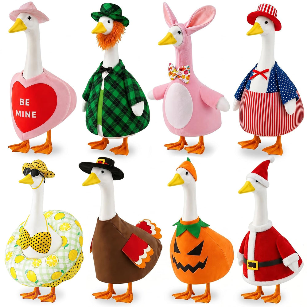 BIHDXL front view of all eight holiday goose outfits showing variety and bold colors