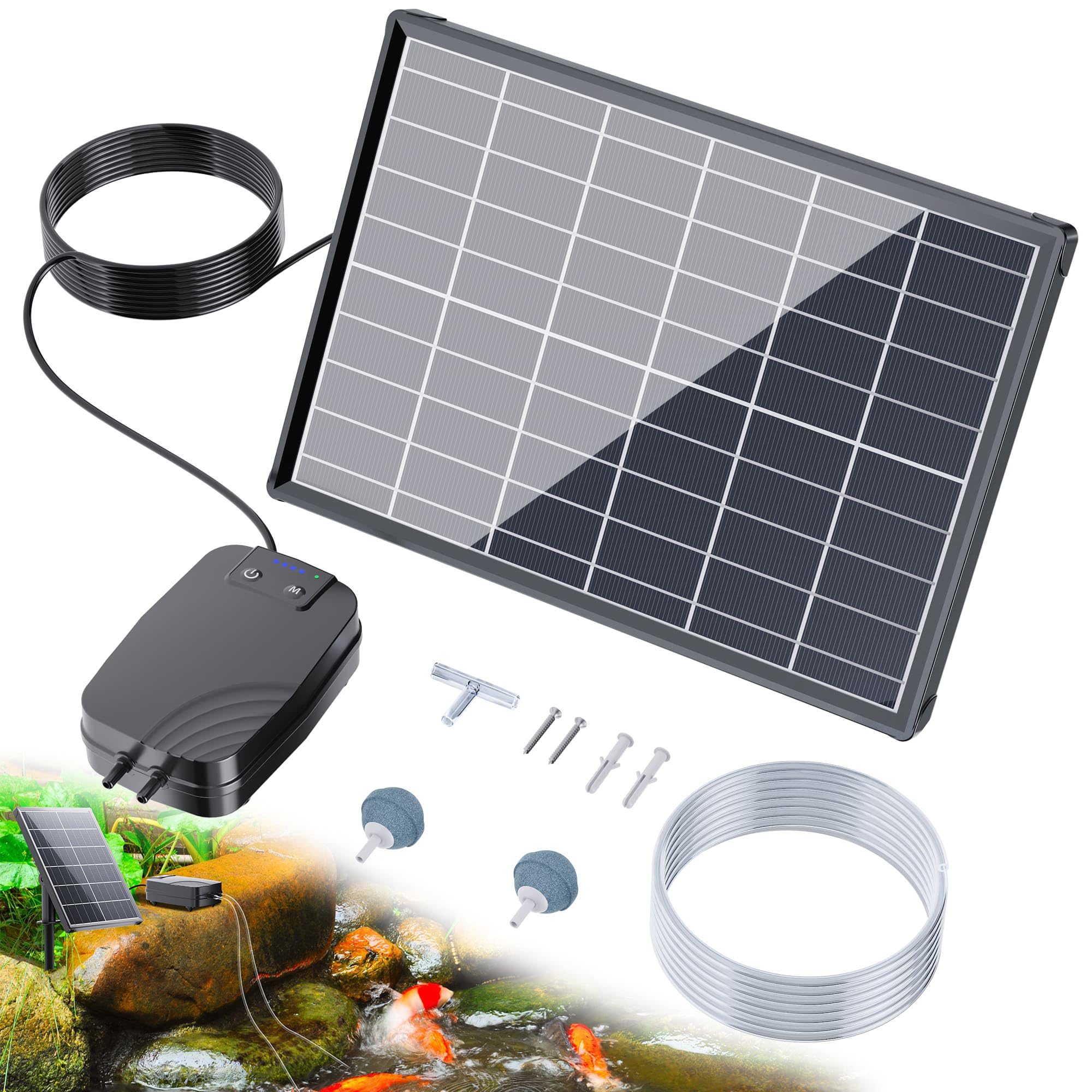 Biling front view of solar aerator showing solar panel and dual outlets for reliable aeration