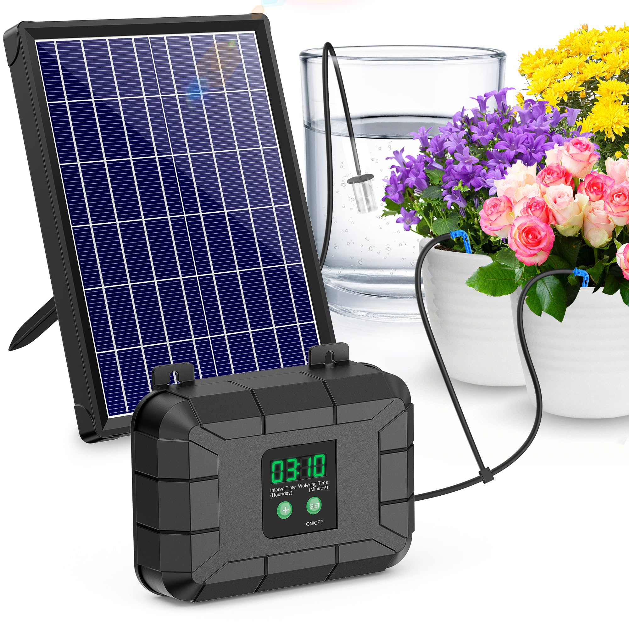 Biling front view of irrigation kit showing components and easy setup benefit