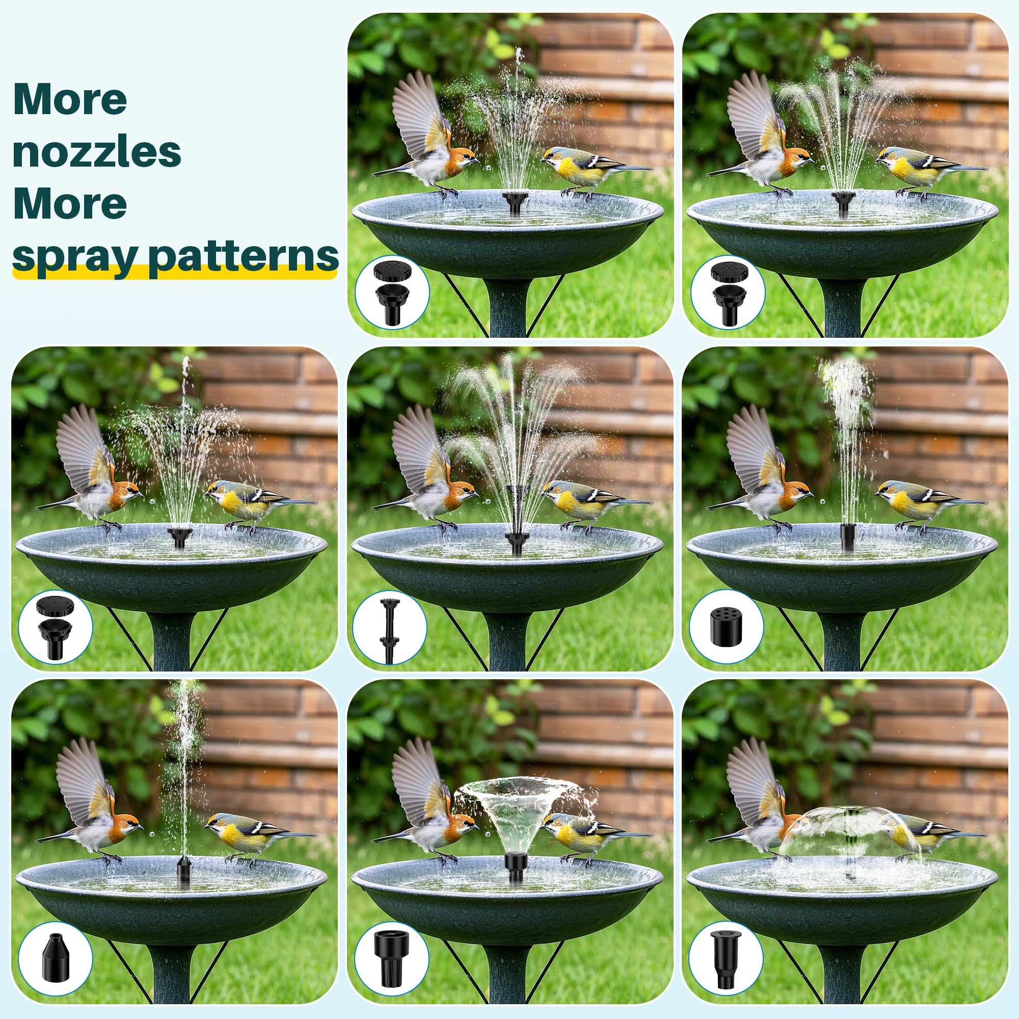Biling nozzle variety laid out displaying eight spray options for creative water displays